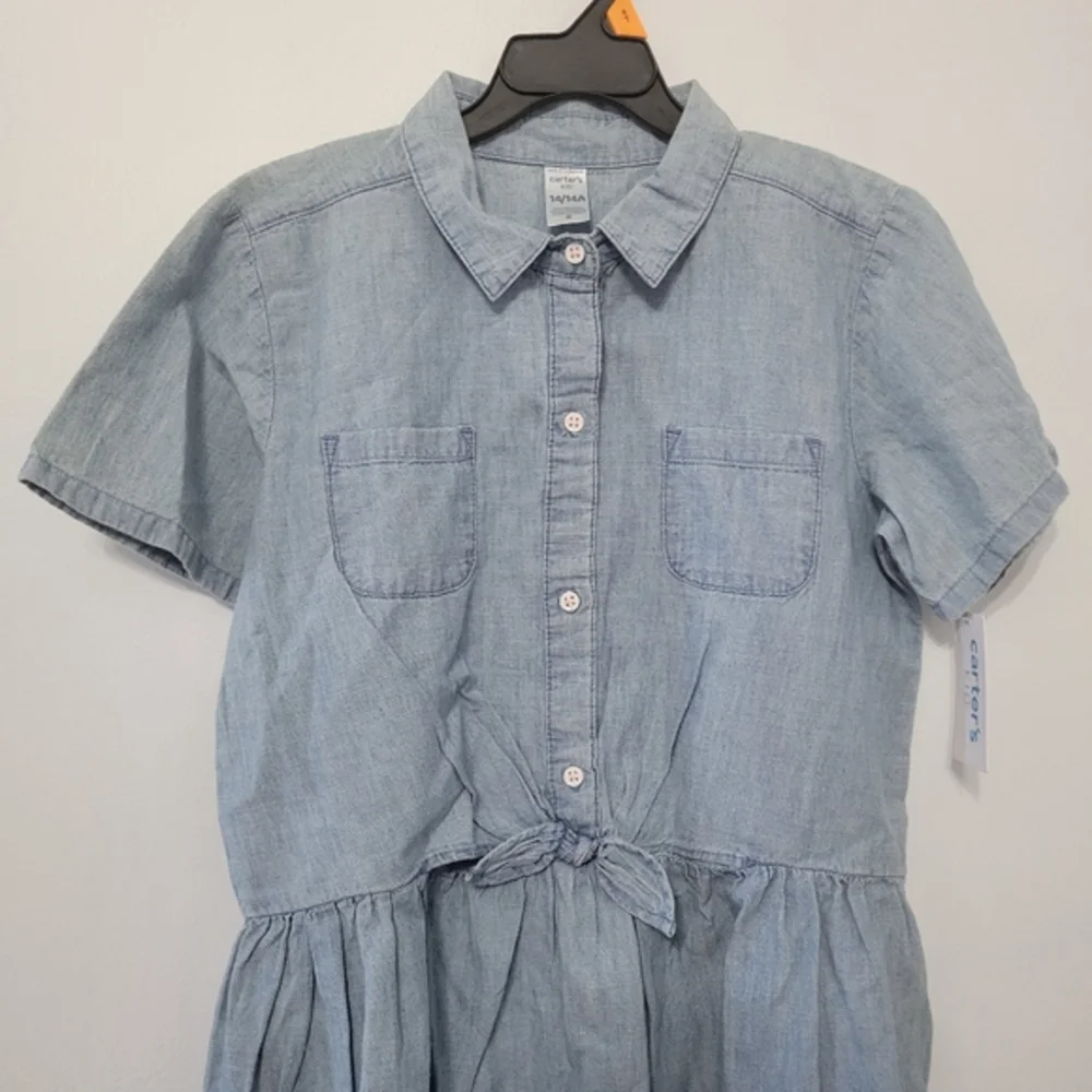 NWT Carter's Girls Blue Chambray Shirt Dress Sz 14 Denim Look Cotton Lightweight